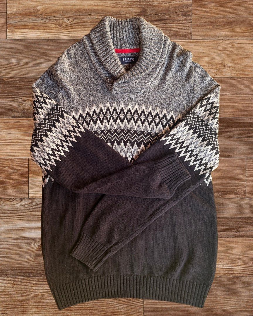 VINTAGE CHAPS SHAWL-COLLAR PATTERNED SWEATER (Category: Coats, Jackets and Outerwear) located in Palayan City. Submitted by ms.el.apparel (Listing ID 1465040614, Image 1). Description: PRODUCT DETAILS: • Brand: Chaps • Color: Black, Grey, and White • Style: Shawl Neck Buttoned Pullover with Fair Isle/Aztec Pattern • Material: Heavyweight chunkier knit (thick, warm, and structured) • Tag Size: Large • Condition: 9.5/10 (Excellent pre-loved conditi