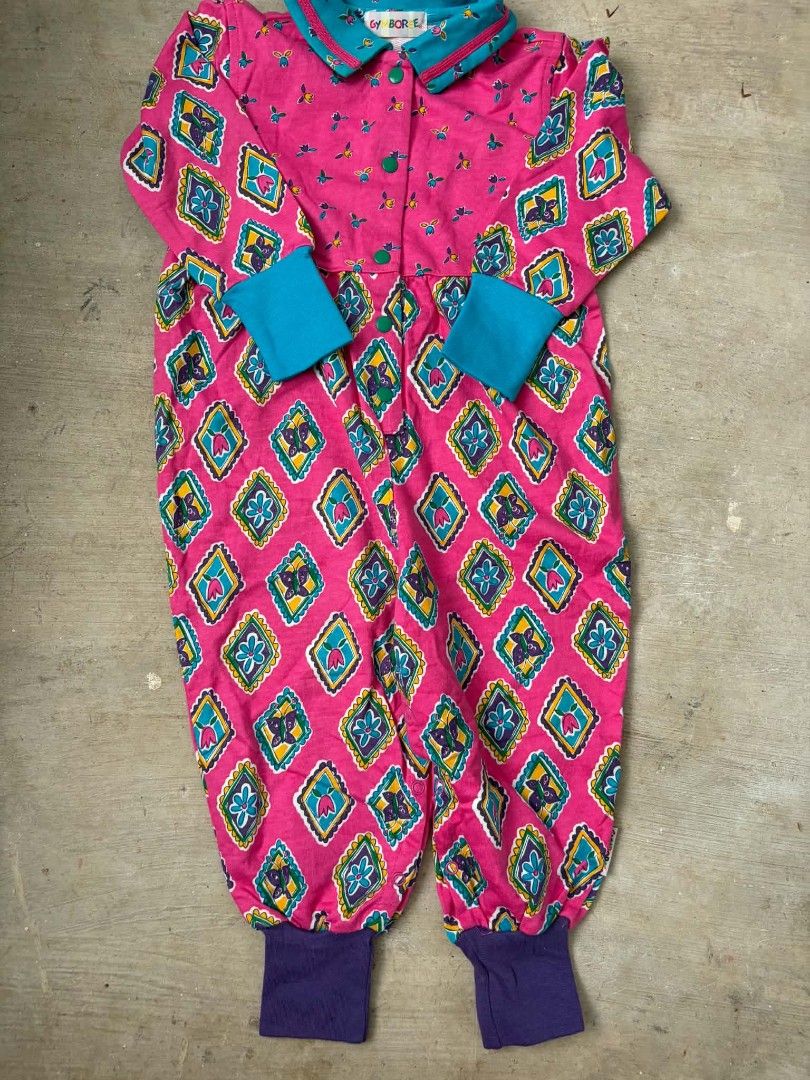 Vintage Gymboree Floral Diamond Pattern (Category: Babies & Kids Fashion) located in Las Pinas. Submitted by pinkpototo36548 (Listing ID 1465072043, Image 1). Description: - Brand: Gymboree - Color/Pattern: Bright pink with colorful diamond patterns and floral prints - Details: Turquoise collar, green front button closure - Cuffs: Ribbed turquoise wrist cuffs and purple ankle cuffs - Style: Fun, vibrant retro toddler piece - Brandnew condition wi