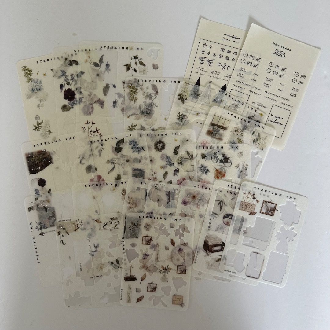 Stationery Bundle (Category: Stationery & School Supplies) located in Las Pinas. Submitted by merry_declutter (Listing ID 1465149241, Image 2). Description: - Massive bundle of journaling supplies - 100% clean, some items unused - Includes Sterling Ink (US brand), hpc by anyang stickers, decorative stamps, vintage memo papers, idako tapes, floral ephemera, and character stickers - Great for bullet journals, pen pals, and craft projects - Lots of 