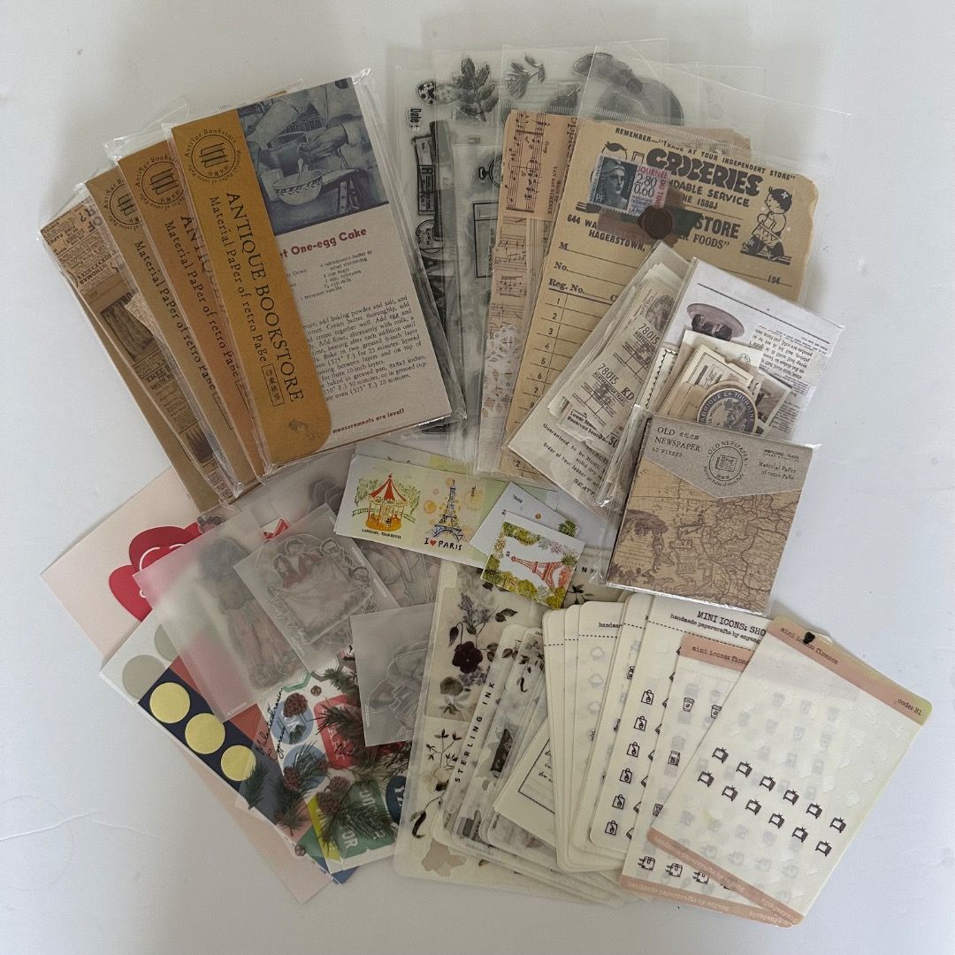 Stationery Bundle (Category: Stationery & School Supplies) located in Las Pinas. Submitted by merry_declutter (Listing ID 1465149241, Image 1). Description: - Massive bundle of journaling supplies - 100% clean, some items unused - Includes Sterling Ink (US brand), hpc by anyang stickers, decorative stamps, vintage memo papers, idako tapes, floral ephemera, and character stickers - Great for bullet journals, pen pals, and craft projects - Lots of 