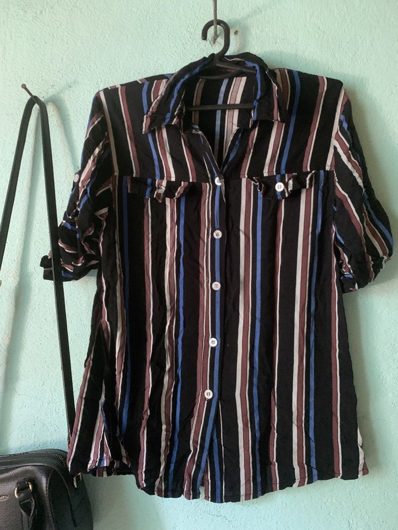 3 for 100 Vintage Style Button Down Shirts Bundle or Individual (Category: Blouses) located in Daraga. Submitted by ryrilim (Listing ID 1465013684, Image 3). Description: - Set of 3 vintage-style short sleeve button-downs - Prints: Colorful stripe, black & blue stripe, and black & white geometric abstract - Features: Front button closures, classic shirt collars, and convenient chest pockets - Fabric: Lightweight and breathable, ideal for casual e