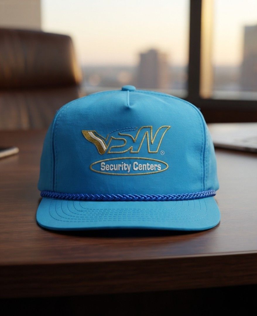 Vintage VSN Security Centers Nylon Snapback Hat (Category: Caps & Hats) located in Binangonan. Submitted by yuristalin888 (Listing ID 1464972807, Image 1). Description: * **Material & Design:** Crafted from 100% nylon/polyamide in a vibrant blue shade featuring a classic braided rope across the brim and gold embroidered branding. * **Branding:** Accented with "VSN" and "Security Centers" embroidery on the front crown. * **Fit & Closure:** Feature