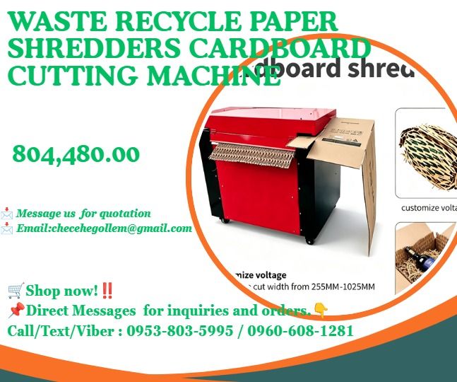 Waste Recycle Paper Shredders Cardboard Cutting Machine (Category: Gardening Tools & Ornaments) located in Caloocan City. Submitted by 09616968642 (Listing ID 1464991731, Image 1). Description: ●Model: HX-825 ●Cutting width: 800mm ●Cutting thickness: 30MM ●Applicable paper waste: 10-12 layers ●corrugated paper Speed: 15m/min ●Voltage: 380v/415v 50hz/60hz ●Power: 4kw ●Dimension: 970*810*1030mm ●Weight: 240KG .