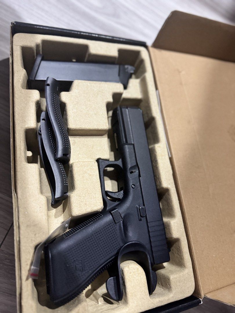 WE G17 gen 5 with full auto airsoft (Category: Combat Sports) located in Cainta. Submitted by legiorant (Listing ID 1465169309, Image 2). Description: - Item: WE Tactical Gas Blowback Airsoft Pistol (Black) - Condition: Complete package - Included in Box: Replica, magazine, and interchangeable grip backstraps - Bonus Bundle: 1 gas canister and 1 bag of extreme precision BBs - Note: Everything pictured is included in the package.