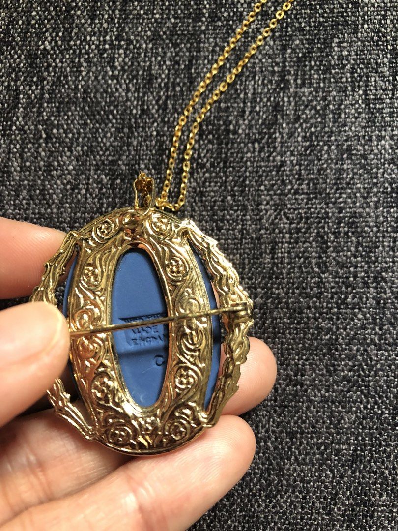 Wedge wood pendant necklace (Category: Necklaces) located in Cabuyao City. Submitted by wakahatana (Listing ID 1464973167, Image 3). Description: Authentic wedge wood pendant, gold plated, a small faded side but manageable, not visible. Gold plated chain, no mark. 40cm .