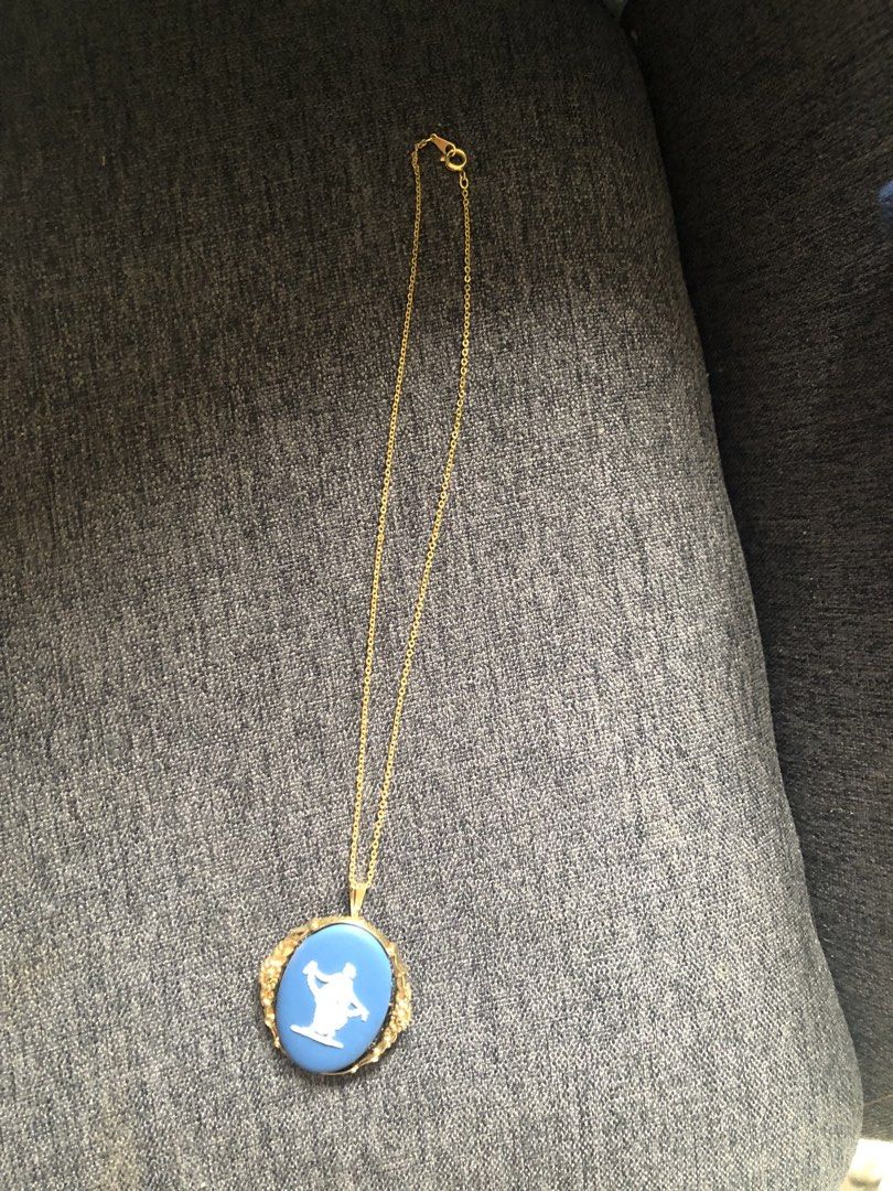 Wedge wood pendant necklace (Category: Necklaces) located in Cabuyao City. Submitted by wakahatana (Listing ID 1464973167, Image 2). Description: Authentic wedge wood pendant, gold plated, a small faded side but manageable, not visible. Gold plated chain, no mark. 40cm .