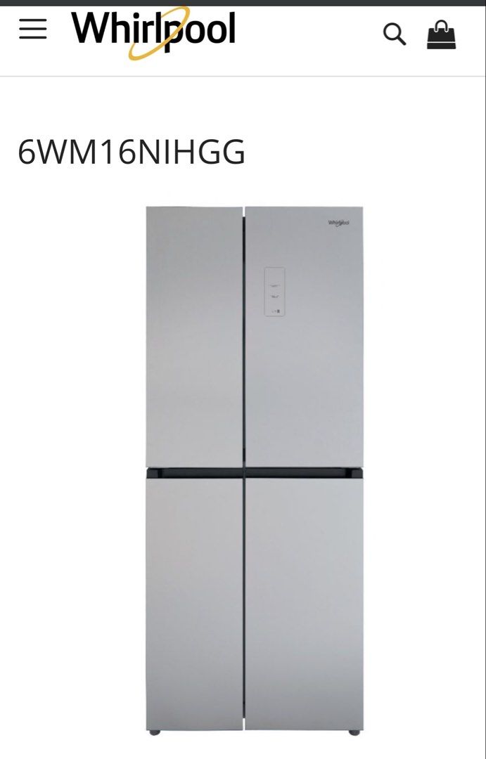 Whirlpool 4 door refrigerator (Category: Refrigerators and Freezers) located in Manila. Submitted by claaaaarke (Listing ID 1464986060, Image 3). Description: Whirlpool 4 door refrigerator Product Description: GROSS CAPACITY: 16.2 cu.ft. NET LITERS: 412 L / 381 L DIMENSION (h:w:d): 187.4 : 69.3 : 71.5 cm WATTAGE: 200W Zen Inverter Technology 6th Sense Technology Smart Defrosting Fast Freeze and Fast Cool Mode Holiday Mode Child Lock Digital Tempe