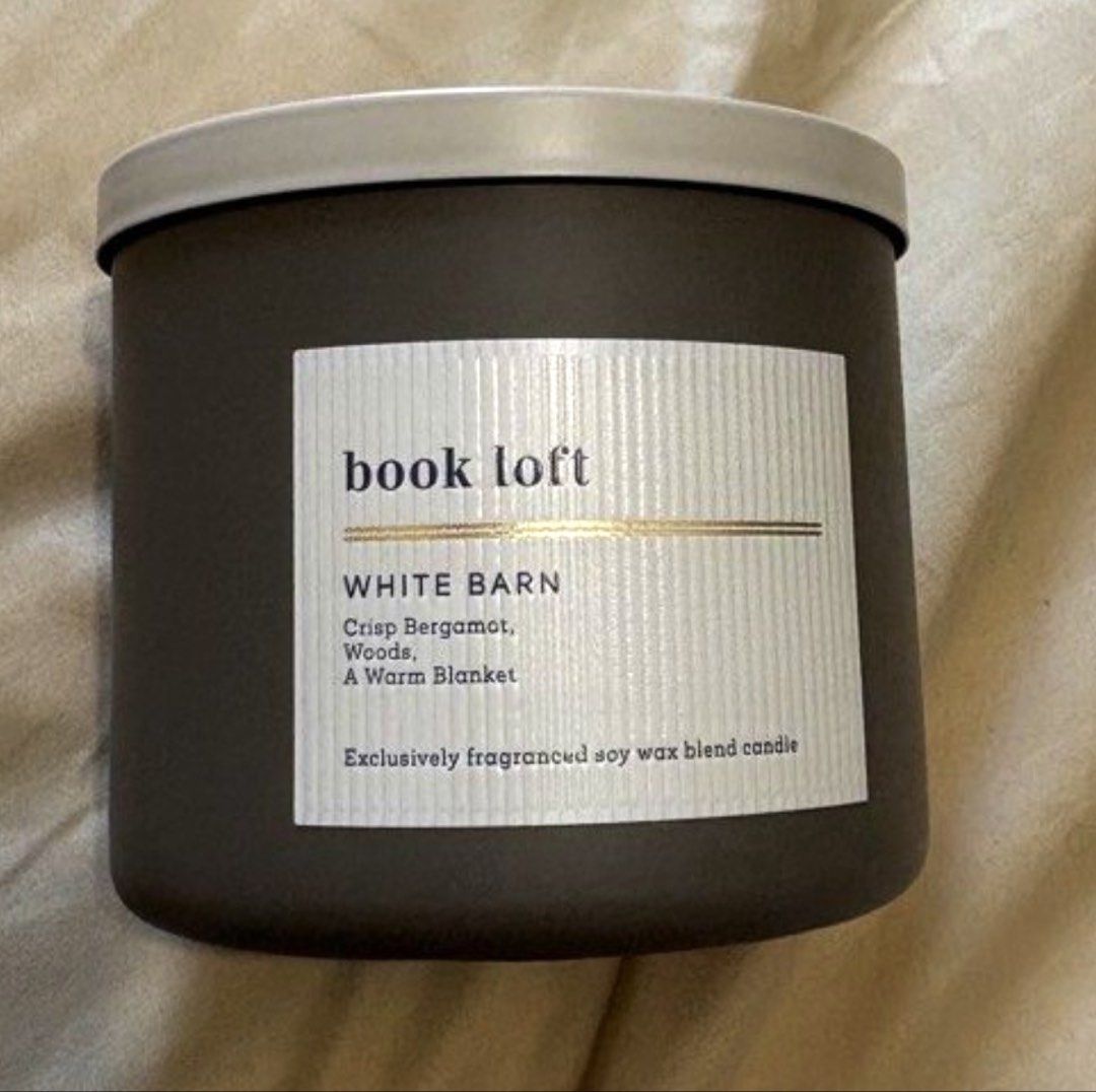 White Barn Book Loft 3-Wick Candle (Category: Home Fragrance) located in Manila. Submitted by shopaholic8008 (Listing ID 1465109406, Image 1). Description: - Brand: White Barn (Bath & Body Works) - Scent: Book Loft (crisp bergamot, woods, -65% left bath & body works.