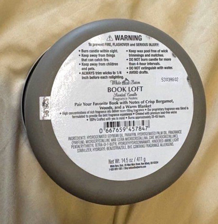 White Barn Book Loft 3-Wick Candle (Category: Home Fragrance) located in Manila. Submitted by shopaholic8008 (Listing ID 1465109406, Image 2). Description: - Brand: White Barn (Bath & Body Works) - Scent: Book Loft (crisp bergamot, woods, -65% left bath & body works.