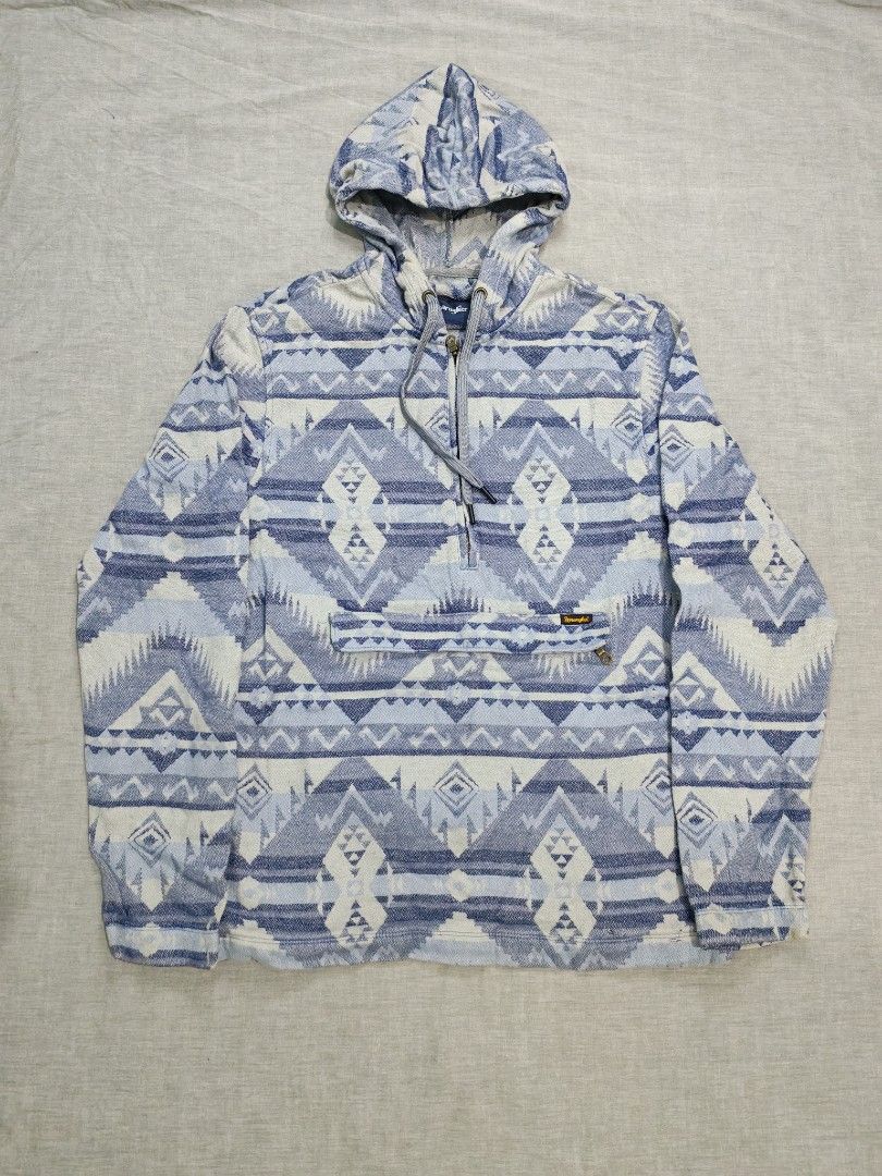 wrangler aztec half zip hooded popover jacket (Category: Coats, Jackets and Outerwear) located in Baguio. Submitted by used_clothing2600 (Listing ID 1465083916, Image 1). Description: Wrangler aztec half zip hooded popover jacket size small good condition check last pic po sa issue ty pit to pit 21 length 28.5 shoulders 18 sleeve length 27 P 600.