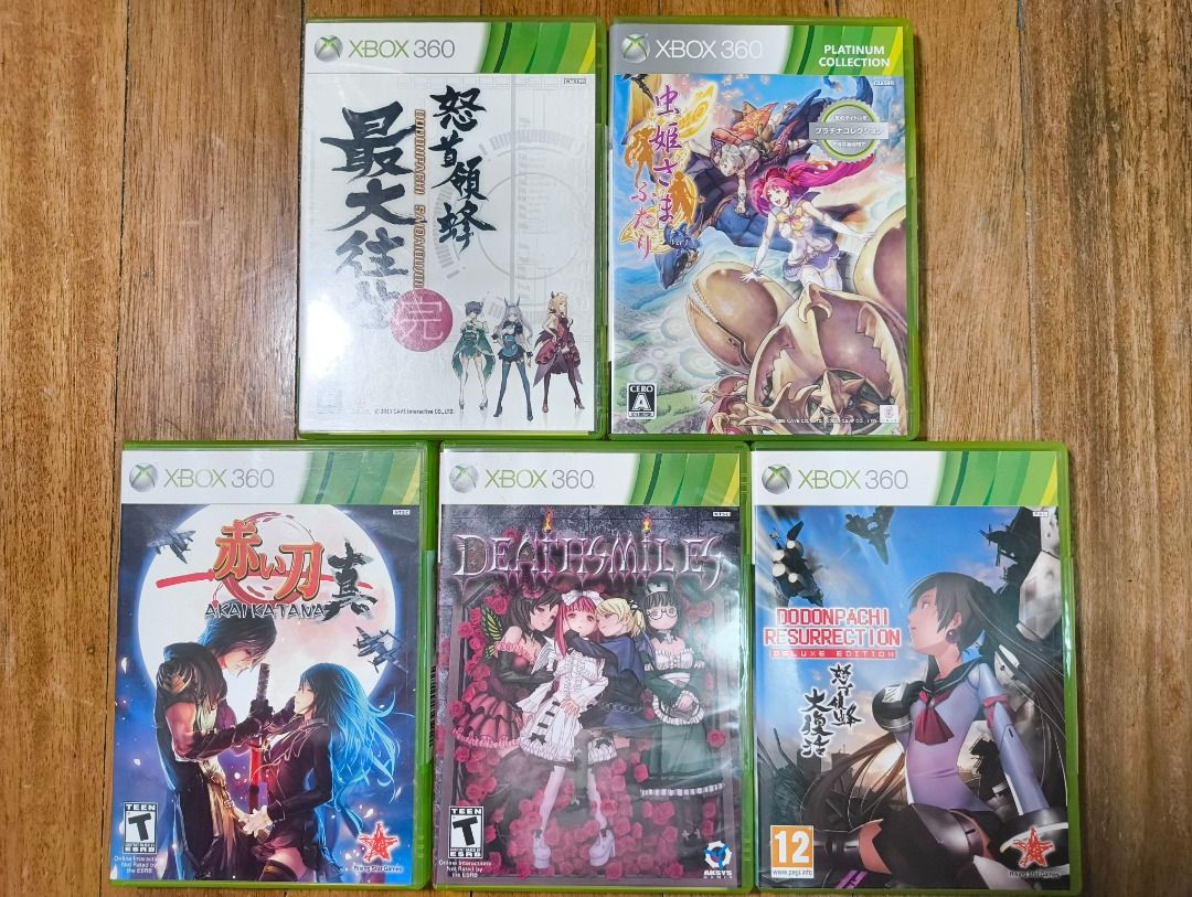 Xbox 360 Games Cave Shmup Bundle (Category: Xbox) located in Paranaque City. Submitted by vall03 (Listing ID 1465053227, Image 1). Description: Xbox 360 Cave Shmup bundle: - Games Included Dodonpachi Saidaioujou (NTSC-J) Mushihimesama Futari (NTSC-J) Akai Katana (NTSC) Deathsmiles (NTSC) Dodonpachi Resurrection (PAL) - Condition: Complete with original cases and manuals; discs tested and working great - All games work on a US Xbox 360 console *So
