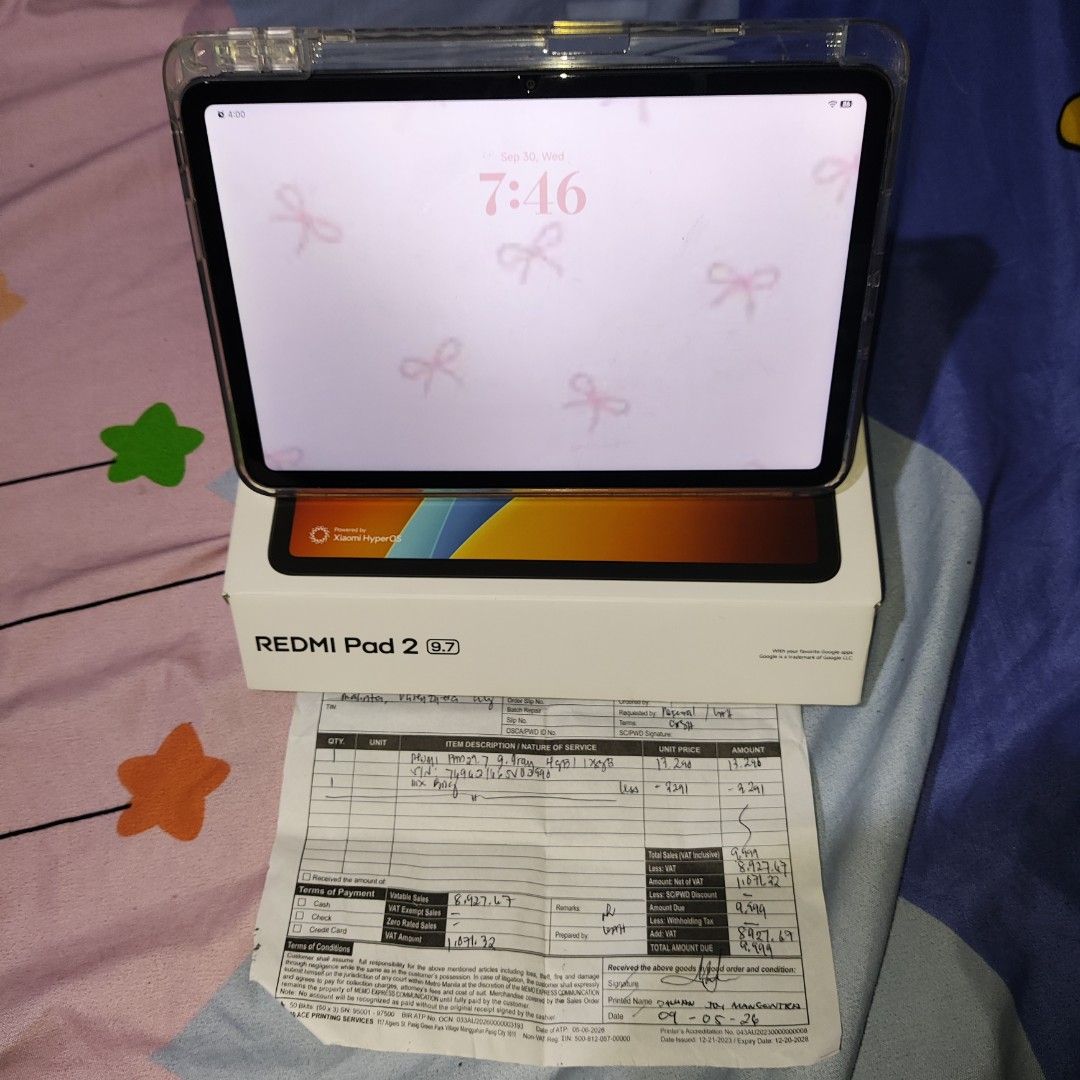 Xiaomi Redmi Pad 2 9.7 (Category: Android) located in Valenzuela. Submitted by kdneza (Listing ID 1465157842, Image 2). Description: For Sale Xiaomi Redmi Pad 2 9.7 Complete with receipt Kakabili lang po nung sept 5 2026 9.7 Inch 120Hz 128GB Storage Snapdragon 6s 4G Gen 2 7600mAh Valenzuela location.