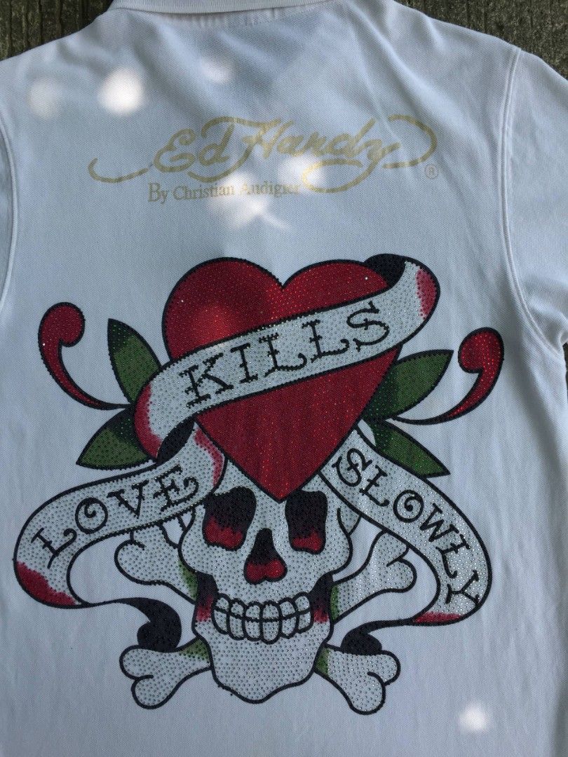Y2k Christian Audiger Ed Hardy (Category: Everything Else Others) located in Calamba. Submitted by mysticcat-5ccee5 (Listing ID 1465052704, Image 3). Description: 📌Ed Hardy By Christian Audiger Polo Shirt Rhinestone Dimes 📏 Length:30.5 Back:32 Width:21 Good Condition 8/10 Cr Few missing stone 💸999 Free Shipping.