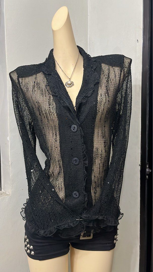 Y2k Vintage hollow sequin blazer jacket (Category: Others Tops) located in Caloocan City. Submitted by onlyfromthepast (Listing ID 1465053406, Image 2). Description: 9/10 condition Freesize ✅My bio before purchasing tia💕 ✅ All items are fresh from bales, Pls expect dirt,dust or stains .