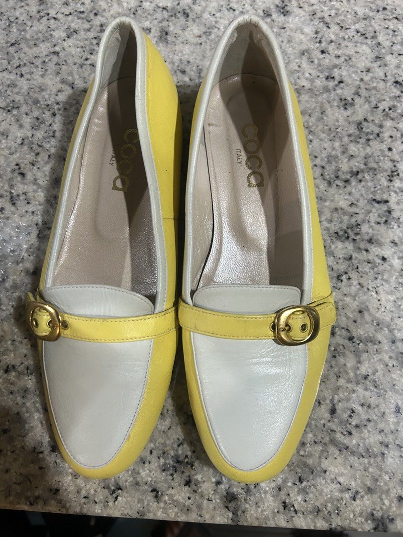 Yellow &white loafers size 36 (Category: Loafers) located in Cavite. Submitted by cecitrifthshop (Listing ID 1465110003, Image 1). Description: These yellow and white leather loafers appear to be vintage horsebit moccasins made in Italy..