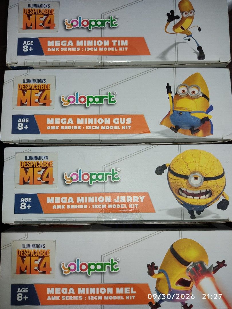 Yolopark Despicable Me 4 Mega Minion Model Kit Set (Category: Designer & Blind Box Toys) located in Manila. Submitted by WeAreVENOM (Listing ID 1465099055, Image 1). Description: - Complete set of 4: Includes Mega Minion Gus, Jerry, Mel, and Tim - Authentic Yolopark AMK Series model kits - Features multiple expression switching options - Recommended for ages 8 and above - Sold as a bundle (all 4 boxes included).