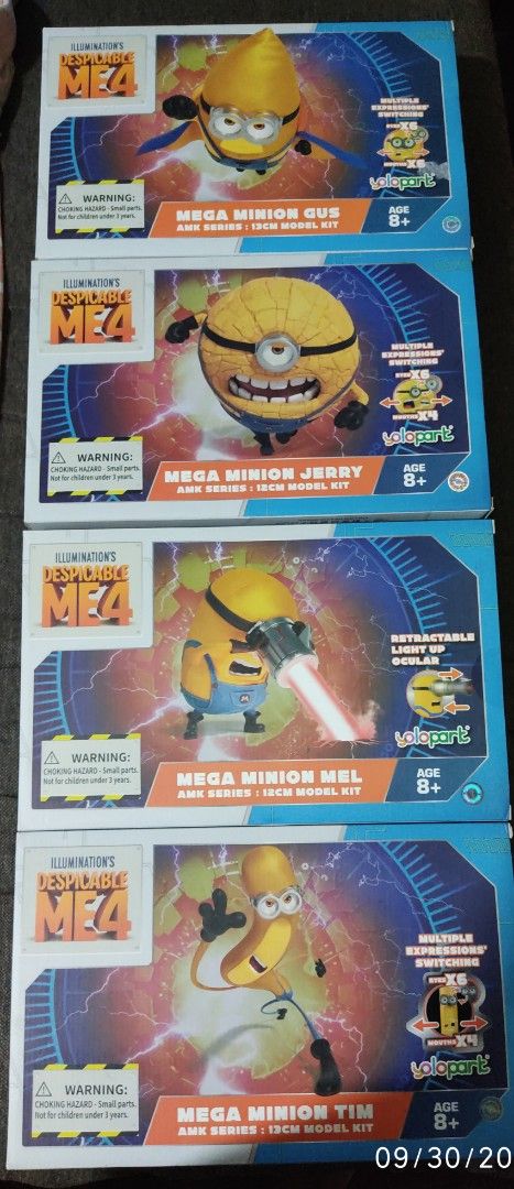 Yolopark Despicable Me 4 Mega Minion Model Kit Set (Category: Designer & Blind Box Toys) located in Manila. Submitted by WeAreVENOM (Listing ID 1465099055, Image 2). Description: - Complete set of 4: Includes Mega Minion Gus, Jerry, Mel, and Tim - Authentic Yolopark AMK Series model kits - Features multiple expression switching options - Recommended for ages 8 and above - Sold as a bundle (all 4 boxes included).