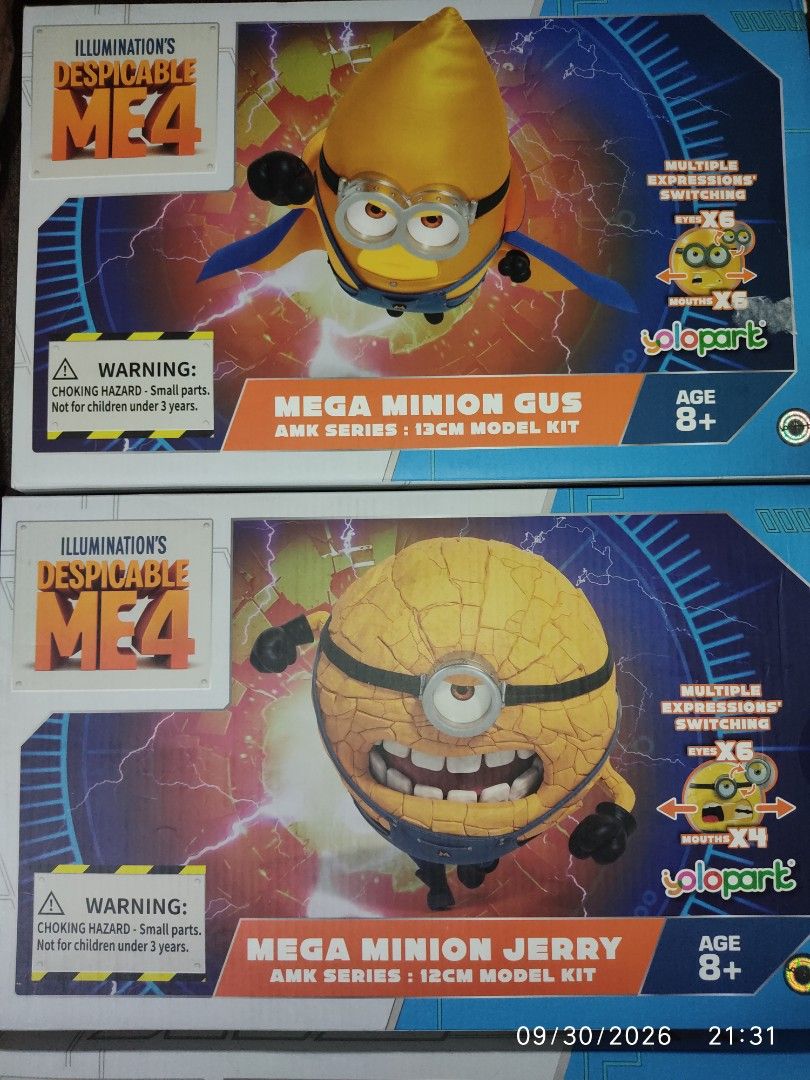 Yolopark Despicable Me 4 Mega Minion Model Kit Set (Category: Designer & Blind Box Toys) located in Manila. Submitted by WeAreVENOM (Listing ID 1465099055, Image 3). Description: - Complete set of 4: Includes Mega Minion Gus, Jerry, Mel, and Tim - Authentic Yolopark AMK Series model kits - Features multiple expression switching options - Recommended for ages 8 and above - Sold as a bundle (all 4 boxes included).