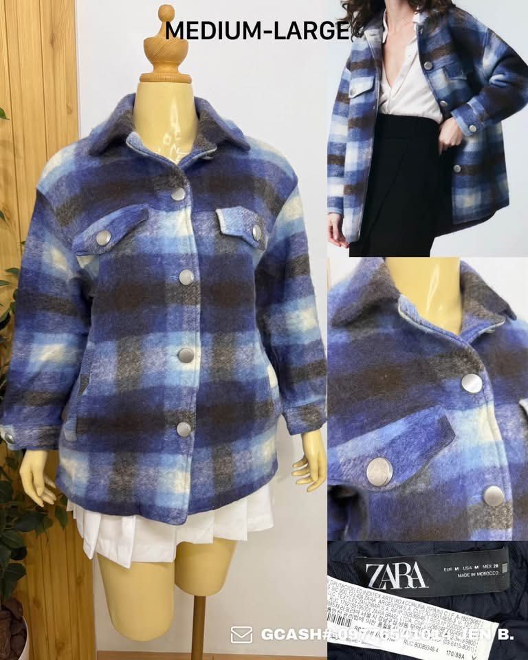 Zara Blue Plaid Shacket Jacket Coat Medium Large (Category: Coats, Jackets and Outerwear) located in Tagum. Submitted by bernardino49694 (Listing ID 1465010621, Image 1). Description: - Brand: Zara - Style: Blue plaid fleece jacket with collared neck and front button closure - Pockets: Two chest flap pockets with buttons - Size: Tagged EUR M / USA M / MEX 28 (fits Medium to Large nicely) - Origin: Made in Morocco - Material: Soft textured fabric 