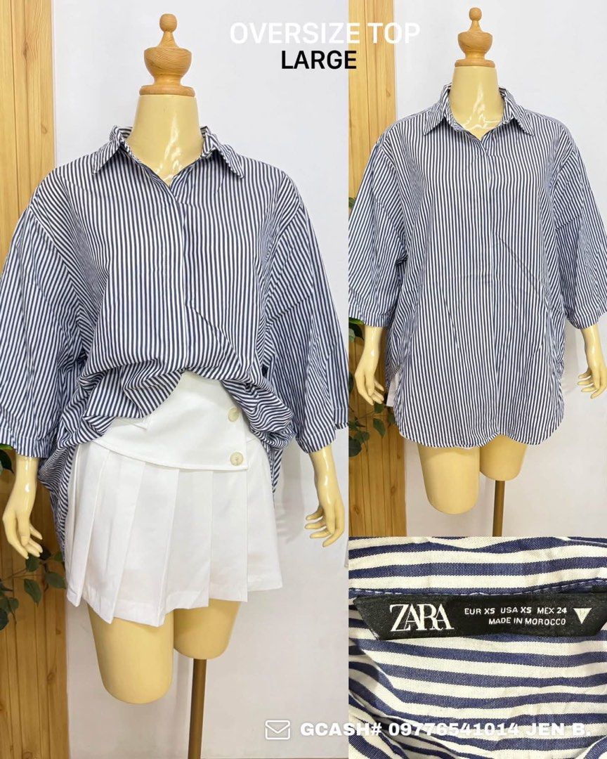 Zara Blue White Striped Oversized Shirt (Category: Shirts) located in Tagum. Submitted by bernardino49694 (Listing ID 1465006939, Image 1). Description: - Brand: Zara - Style: Blue and white striped button-down shirt - Fit: Relaxed, oversized (Tagged XS, but fits like a Large based on measurements) - Details: Pointed collar, long sleeves, lightweight fabric - Condition: Excellent - Great for layering or casual everyday wear.