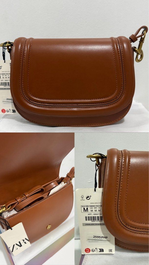 Zara Brown Crossbody Saddle Bag (Category: Cross-body Bags) located in Quezon City. Submitted by thriftjunkiephl (Listing ID 1465014055, Image 1). Description: - Brand new with original store tags attached - Rich brown color with chic tonal stitching and structured saddle shape - Secure foldover flap design with magnetic snap closure - Elegant gold-tone hardware - Includes a detachable strap (neatly folded inside) for versatile styling - Stored w