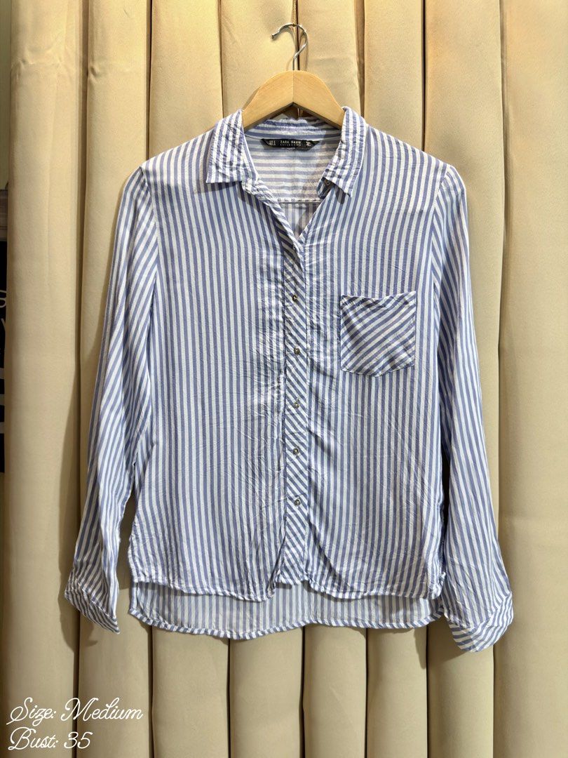 Zara Button Down Longsleeve (Category: Longsleeves) located in Manila. Submitted by glamstylemnl (Listing ID 1465145539, Image 1). Description: ♡ SIZE: M ♡ BUST: 35 ♡ Swipe left to see the actual color & details ♡ vertical stripes / single chest pocket ♡ HQ • 10/10 ♡ Ready to wear 👚.