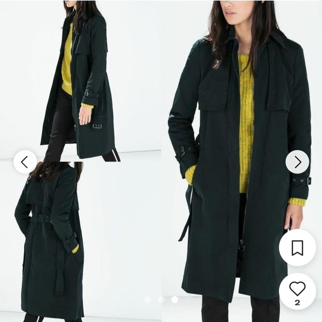 ZARA Dark Green Trench Coat (Category: Coats, Jackets and Outerwear) located in Manila. Submitted by PrinceDani.Clothing (Listing ID 1465009275, Image 1). Description: zara dark green trench coat xs on tag medium fit 19in width 39in length excellent condition .