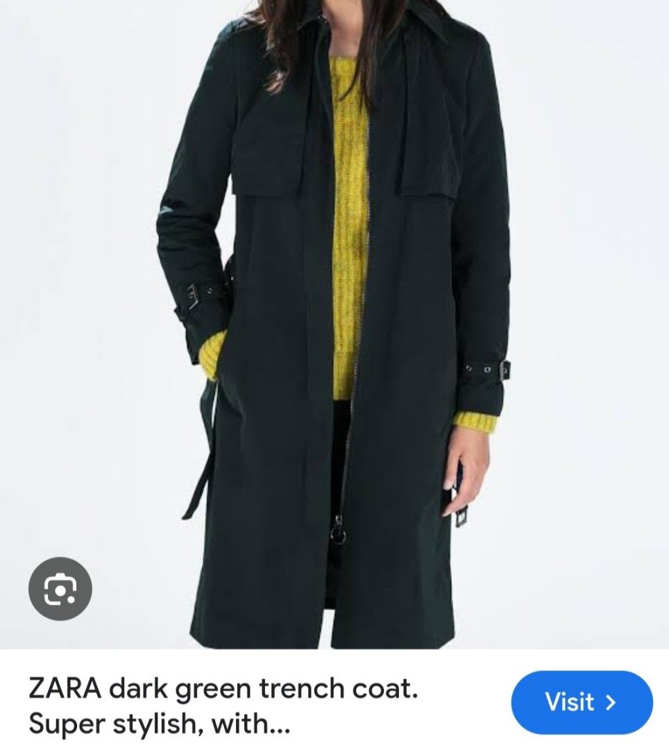 ZARA Dark Green Trench Coat (Category: Coats, Jackets and Outerwear) located in Manila. Submitted by PrinceDani.Clothing (Listing ID 1465009275, Image 2). Description: zara dark green trench coat xs on tag medium fit 19in width 39in length excellent condition .