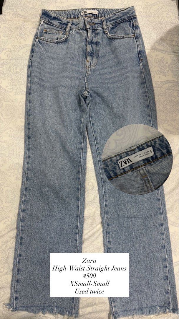 Zara High-Waist Straight Jeans (Category: Jeans) located in Davao. Submitted by tswizzleeess (Listing ID 1465157679, Image 1). Description: Zara Light wash, High-waist, straight leg with raw frayed hem and button fly EUR 34 / US 2 / MEX 24 Worn twice only. Message me for detailed photos if you want! ☺️ RFS: Decluttering 📍Davao City 💳 GCash, Bank Transfer (BDO) 📦 LBC, J&T SF shouldered by the buyer 😊.
