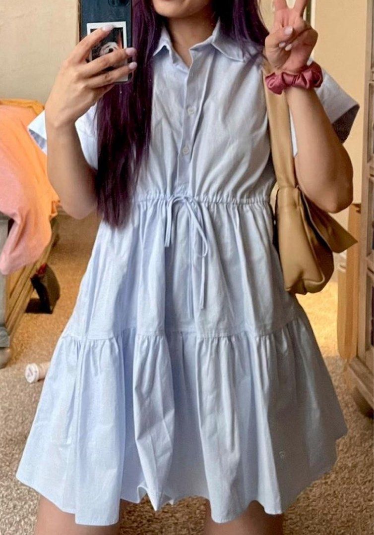 ZARA Light Blue Button Down Polo Doll Dress - (Category: Dresses) located in San Pablo. Submitted by candyloved.luxe (Listing ID 1465028493, Image 3). Description: guaranteed authentic like new HQ Waist tie Presko nice when worn small on tag but can fit up to XL bust: 42 Waist: up to 40 (adjustable with tali) Length. 33.