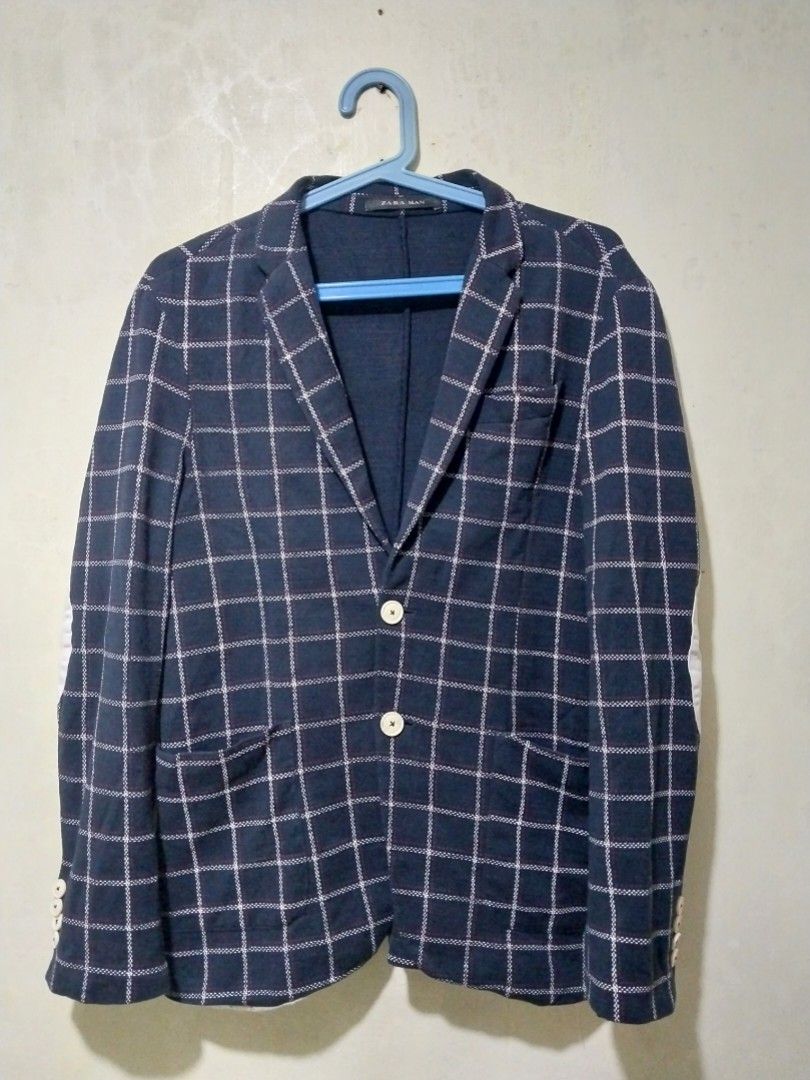 Zara Man Grid Checked Navy Blue Blazer (Category: Coats, Jackets and Outerwear) located in Manila. Submitted by PrinceDani.Clothing (Listing ID 1465006442, Image 3). Description: zara man grid checkerd blazer small 20in width 26in length excellent condition .