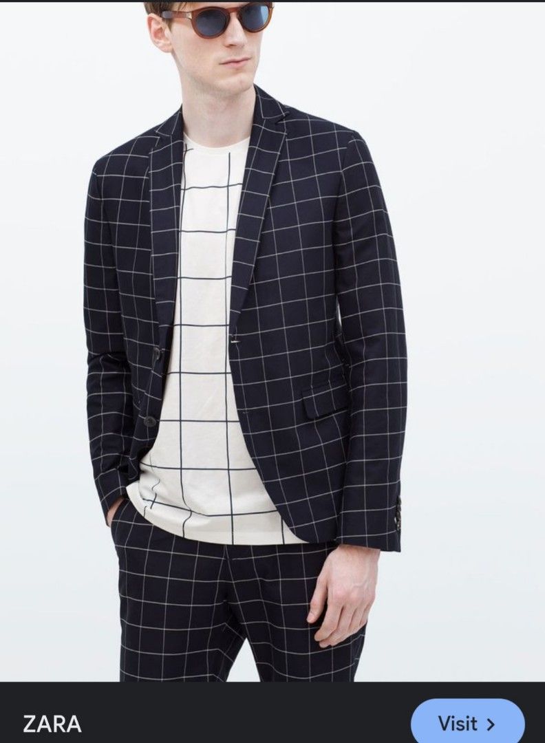 Zara Man Grid Checked Navy Blue Blazer (Category: Coats, Jackets and Outerwear) located in Manila. Submitted by PrinceDani.Clothing (Listing ID 1465006442, Image 1). Description: zara man grid checkerd blazer small 20in width 26in length excellent condition .