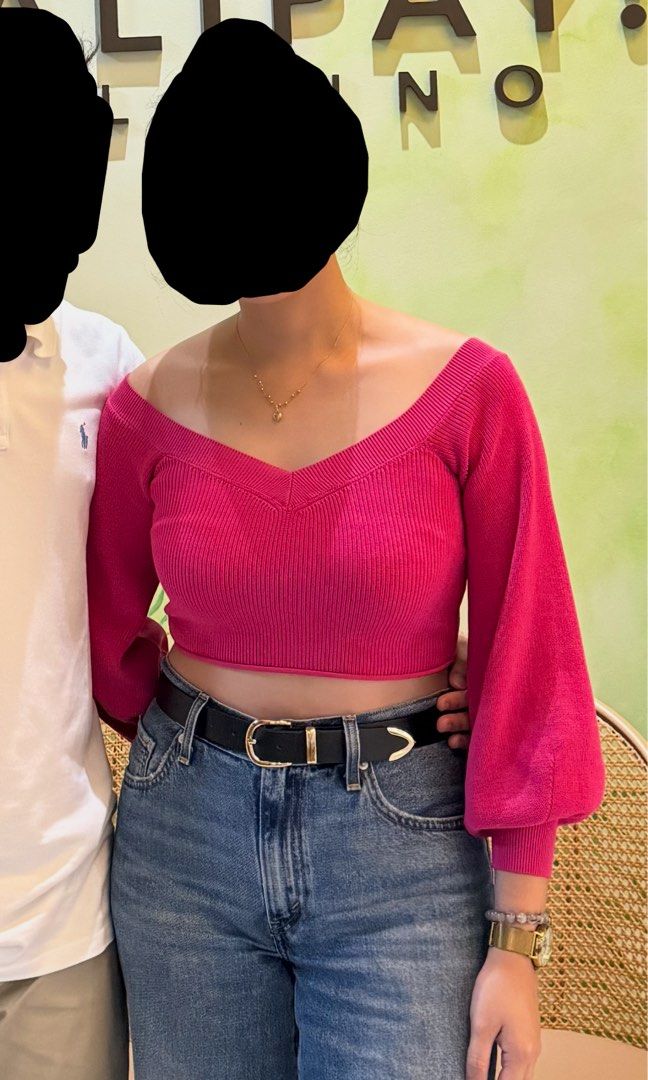 Zara Pink Off-Shoulder Top (Category: Longsleeves) located in Cebu City. Submitted by swift.allyn (Listing ID 1465019644, Image 3). Description: - Color: Bright pink - Style: Off-shoulder neckline with V-cut collar, long balloon sleeves, and cropped length - Material: Warm, stretchy ribbed knit - Condition: Worn only twice - Styling tip: Pairs great with high-waisted jeans or skirts or dress.