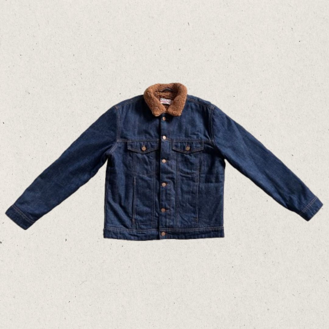 Zara Sherpa-Lined Denim Jacket (Category: Coats, Jackets and Outerwear) located in Lipa City. Submitted by thesecondrackph (Listing ID 1465019469, Image 1). Description: - Brand: Zara - Style: Denim jacket with sherpa fleece lining - Color: Dark blue denim with warm brown collar/lining - Size: XL (fits true to size) - Length: 26" x Width: 22" - Closure: Classic button-up front with metal buttons - Pockets: Two chest flap pockets and two lower sid