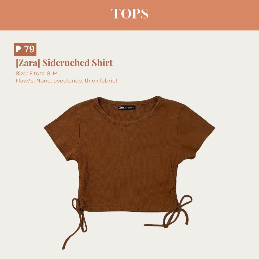 Zara Sideruched Shirt Brown (Category: Shirts) located in Manila. Submitted by preloveddorangecloset (Listing ID 1465071192, Image 1). Description: - Brand: Zara - Color: Brown - Size: Fits Small to Medium - Condition: Excellent, worn only once with zero flaws - Material: Thick, comfortable ribbed thick fabric - Features: Adjustable side ties for a customizable ruched look.