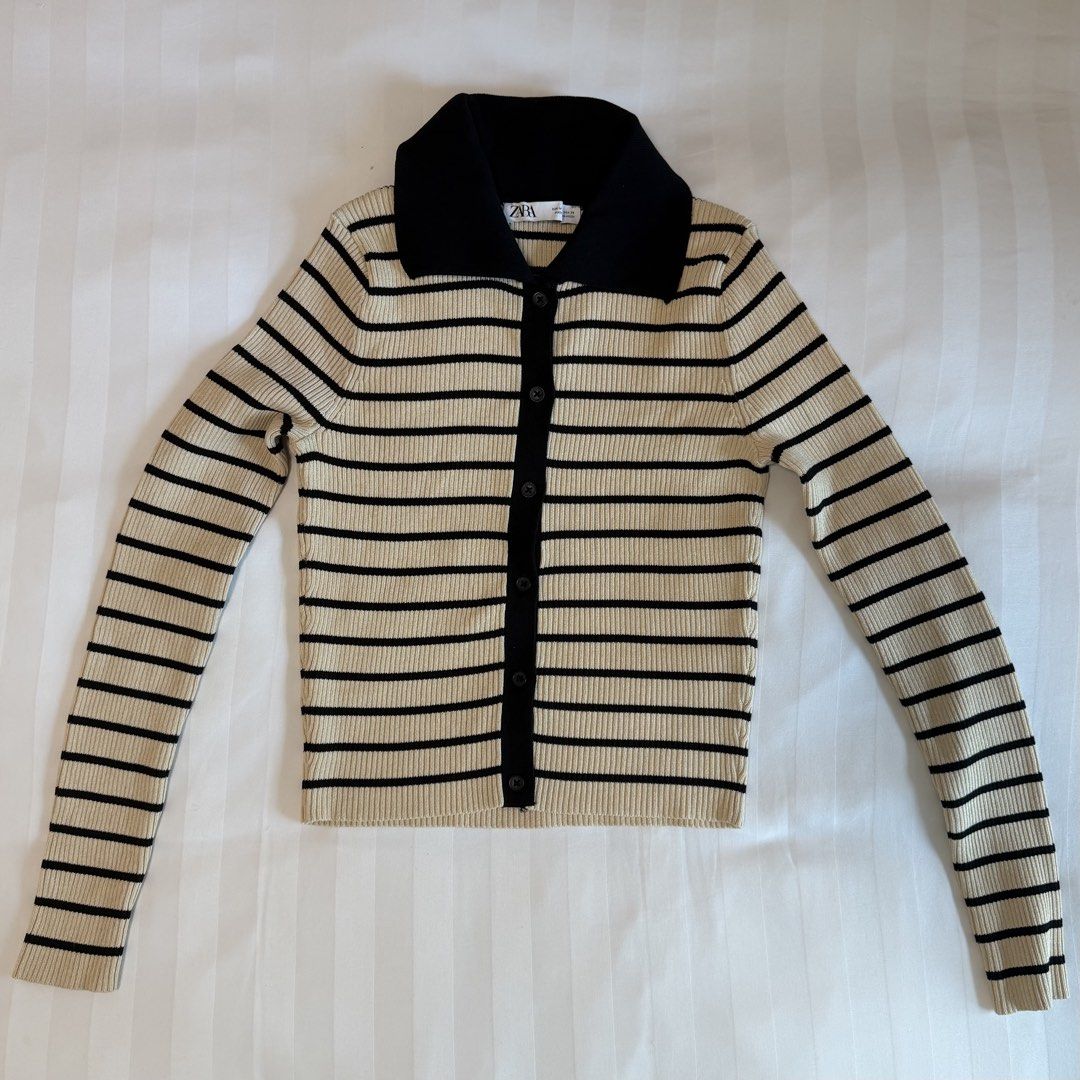 Zara Striped Collared Knit Cardigan (Category: Coats, Jackets and Outerwear) located in Makati City. Submitted by agl.ph (Listing ID 1465065038, Image 2). Description: NEVER USED - Size: Medium - Color: Black and beige stripes with solid black collar - Material/Texture: Ribbed knit - Features: Long sleeves, button-up front - Condition: Great piece for layering or wearing on its own.
