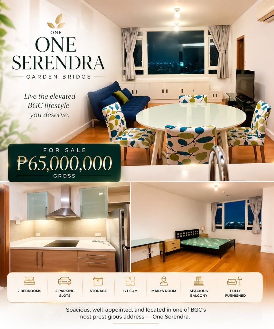 2BR ONE SERENDRA, BGC FOR SALE (Category: Apartments & Condos) located in Mandaluyong City. Submitted by Kuaima_Realty (Listing ID 1459600036, Image 1). Description: Property Details: 📍 One Serendra – Garden Bridge 🛏️ 2 Bedrooms 📐 171 sqm 🛋️ Fully Furnished 🚗 2 Parking Slots 📦 Private Storage Unit 🛏️ With Maid's Room 🌿 Spacious Balcony 💰 Asking Price: ₱65,000,000 Gross Enjoy resort-style amenities, lush landscaped gardens, and a prime lo