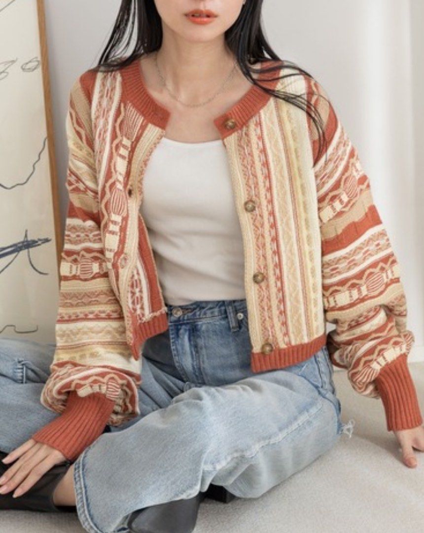 2way coogi vibes patterned multi color crop button down knitted cardigan bubble sleeves (Category: Coats, Jackets and Outerwear) located in Manila. Submitted by Zthriftclothes (Listing ID 1459603024, Image 2). Description: Can be worn front or back Beautiful Textured pattern Light and comfy to wear Very unique Bubble sleeves Excellent condition For womens only crop po ito 20W 19L .