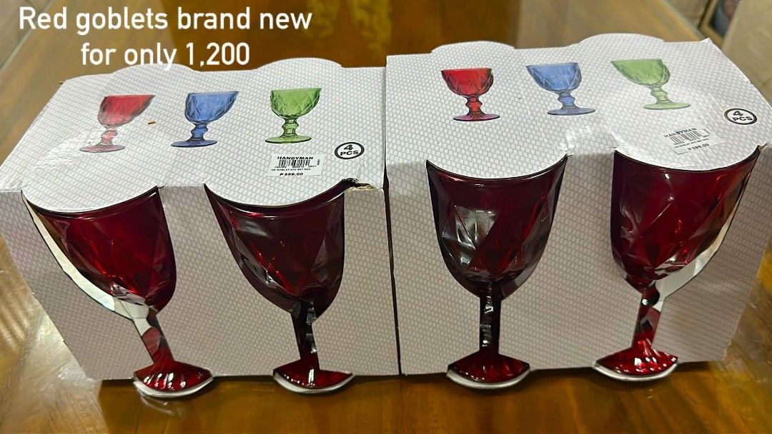 8pcs Red Goblets brand new for only 1,200 (Category: Other Kitchenware & Tableware) located in Makati City. Submitted by brandedshopoffers (Listing ID 1459630868, Image 1). Description: 8pcs Red Goblets brand new for only 1,200.
