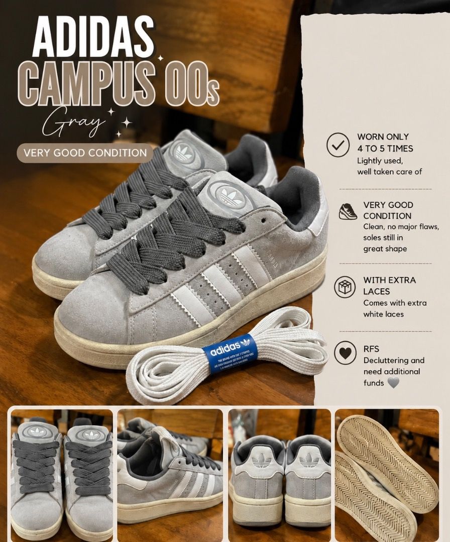 Adidas Campus 00 (Category: Sneakers & Footwear) located in Caloocan City. Submitted by krizairah20 (Listing ID 1459648447, Image 1). Description: Adidas size 22-22.5cm. Good as new. With extra laces. Only wore 2 to 3 times. No Issue. RFS: Declutter.