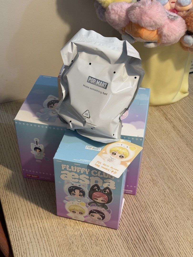aespa x popmart fluffy club doll WINTER basic ver. (Category: Designer & Blind Box Toys) located in Manila. Submitted by ninggiie_qooi (Listing ID 1459547292, Image 2). Description: - opened bottom, Sealed foil .