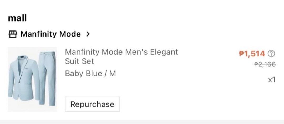 Baby Blue Men's Suit (Category: Coats, Jackets and Outerwear) located in Manila. Submitted by closet.r3set (Listing ID 1459499670, Image 3). Description: Baby Blue Suit Bought from Shein Used twice only Location: Manila.