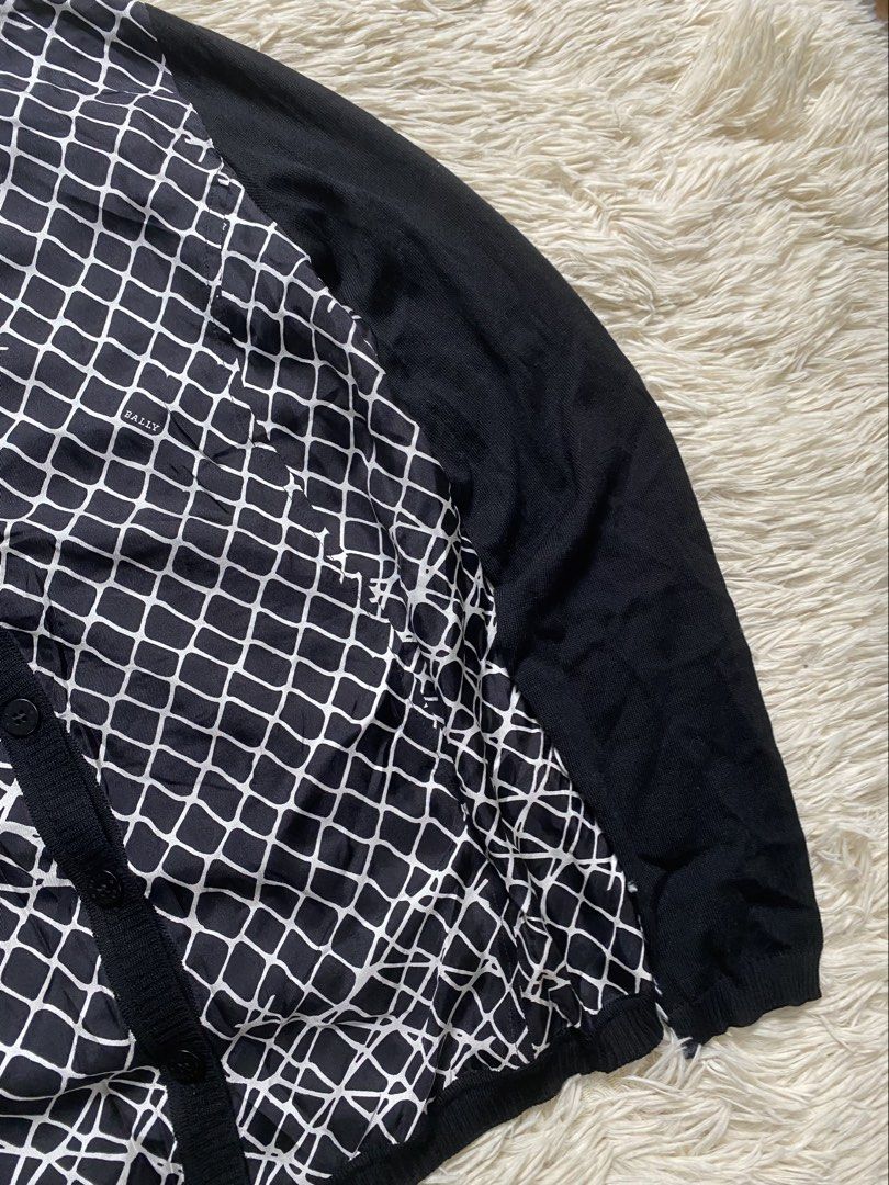 Bally Patterned Cardigan Women (Category: Coats, Jackets and Outerwear) located in Manila. Submitted by switchcity (Listing ID 1459552041, Image 3). Description: - Bally Cardigan - Black with striking geometric pattern on front - Plain black sleeves and back - Made from 100% Extrafine Merino Wool and 100% Silk - Button front closure - Ideal for layering - Check label for size details.