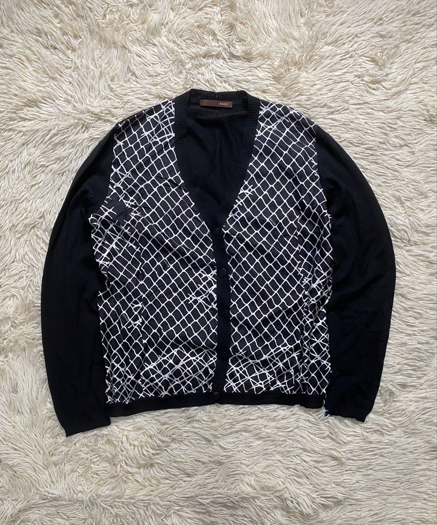 Bally Patterned Cardigan Women (Category: Coats, Jackets and Outerwear) located in Manila. Submitted by switchcity (Listing ID 1459552041, Image 1). Description: - Bally Cardigan - Black with striking geometric pattern on front - Plain black sleeves and back - Made from 100% Extrafine Merino Wool and 100% Silk - Button front closure - Ideal for layering - Check label for size details.