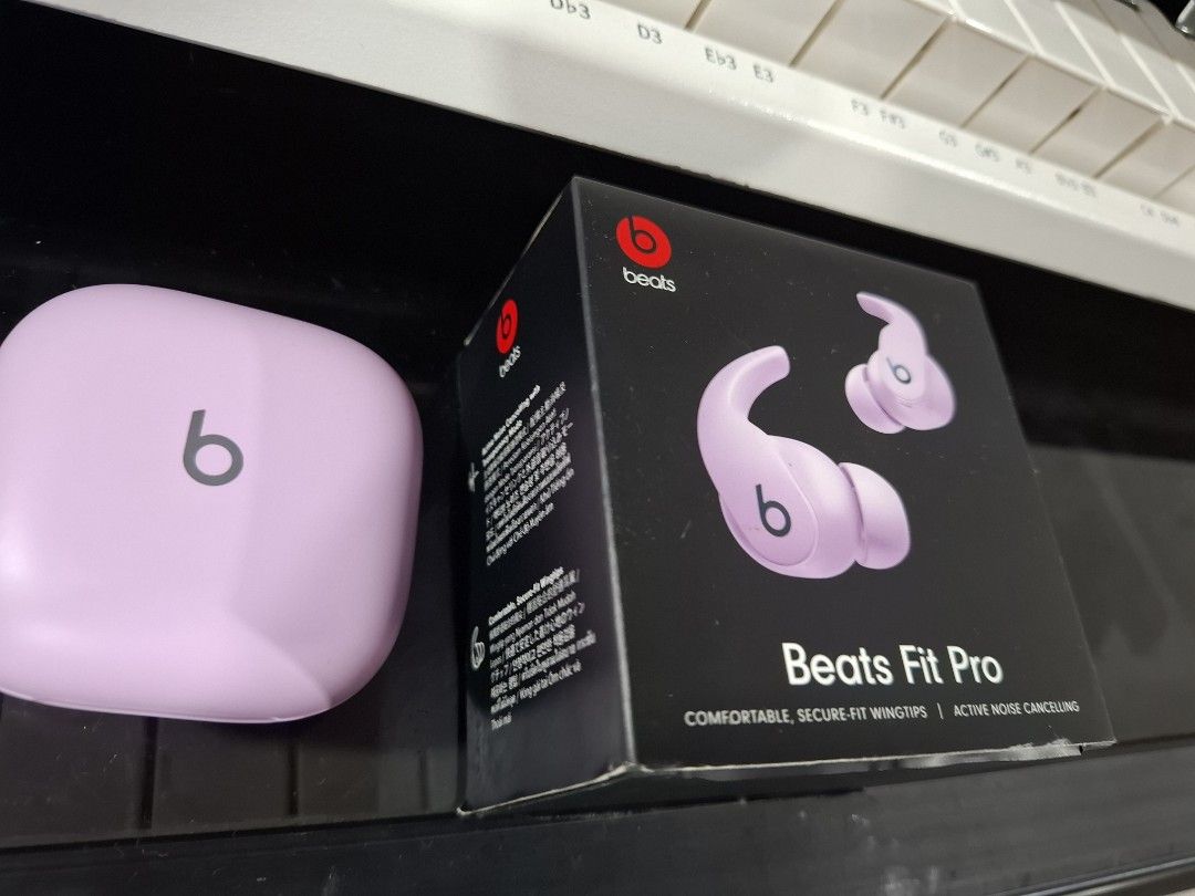 Beats Fit Pro True Wireless Noise Cancelling Earbuds (Lilac) (Category: Earphones) located in Santa Rosa. Submitted by echojapansurplus_01 (Listing ID 1459592921, Image 2). Description: Missing po ang left side.selling as is. - Beats Fit Pro True Wireless Earbuds in Lilac - Active Noise Cancelling (ANC) for immersive sound - Comfortable and secure fit with wingtips - Up to 6 hours of listening time with ANC on - Total 24 hours of playback with th