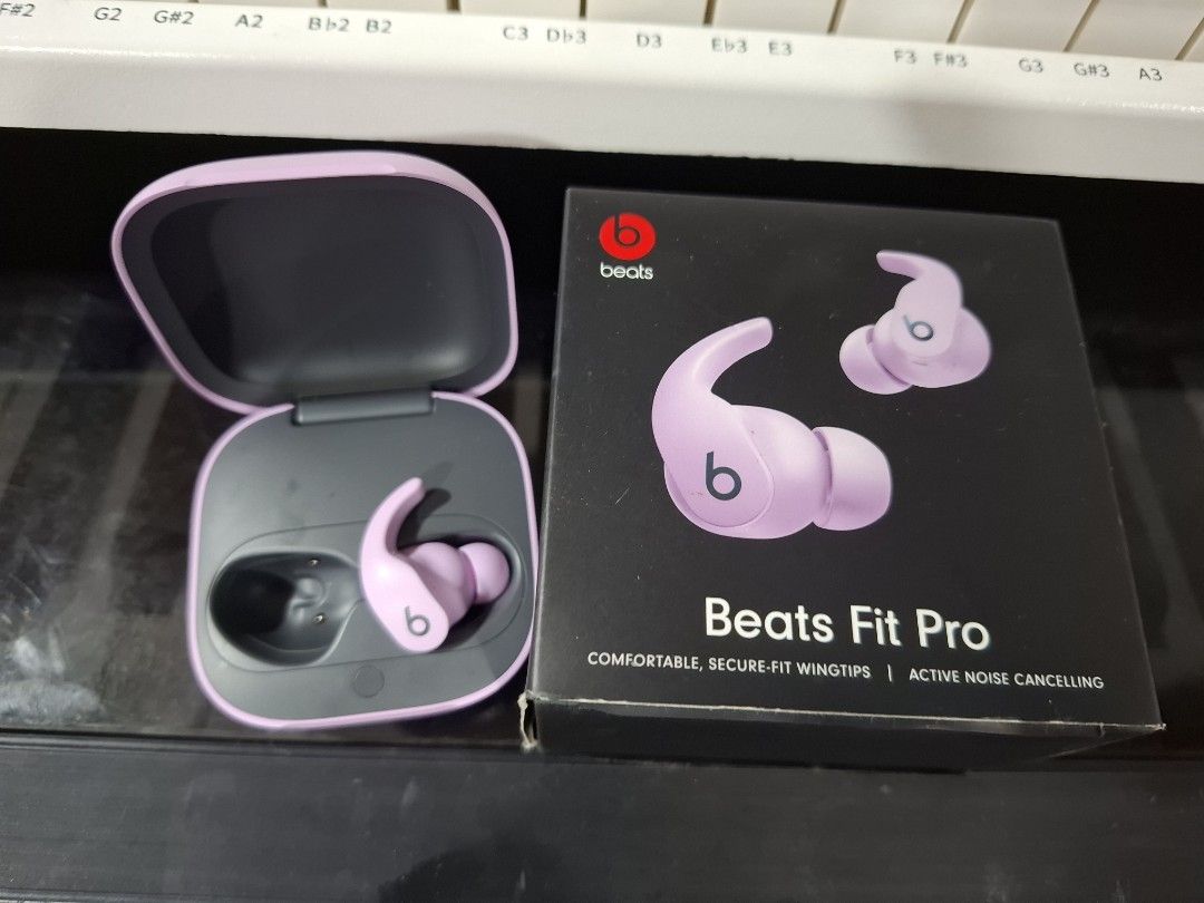 Beats Fit Pro True Wireless Noise Cancelling Earbuds (Lilac) (Category: Earphones) located in Santa Rosa. Submitted by echojapansurplus_01 (Listing ID 1459592921, Image 1). Description: Missing po ang left side.selling as is. - Beats Fit Pro True Wireless Earbuds in Lilac - Active Noise Cancelling (ANC) for immersive sound - Comfortable and secure fit with wingtips - Up to 6 hours of listening time with ANC on - Total 24 hours of playback with th