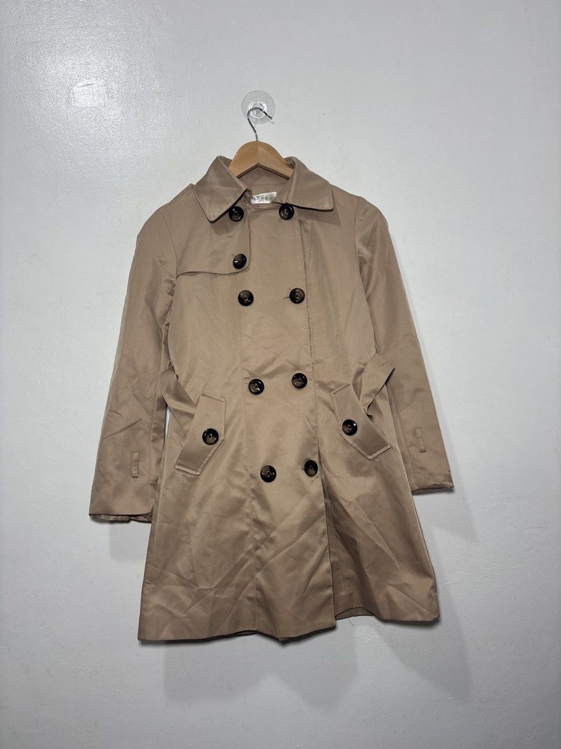 Beige Trench Coat Women Small (Category: Coats, Jackets and Outerwear) located in Balanga. Submitted by winterlab_ph (Listing ID 1459617194, Image 3). Description: Code: A812 Width: 16.5 Length: 31 Shoulders: 14 Sleeves: 22 : missing belts both sleeves.