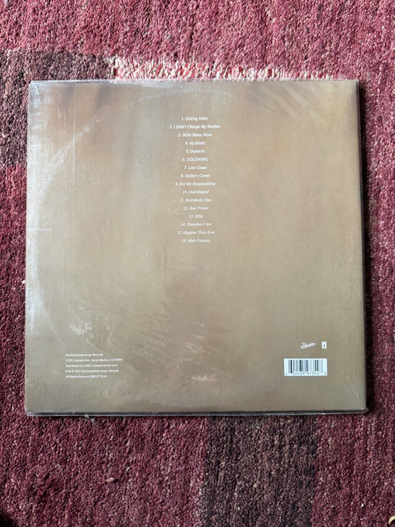 Billie Eilish Happier Than Ever Vinyl Record (Category: Vinyls) located in Quezon City. Submitted by dailydeclutter (Listing ID 1459584108, Image 2). Description: - Billie Eilish 'Happier Than Ever' Vinyl Record - Features all 16 tracks from the album - Includes popular songs like 'Getting Older', 'NDA', and the title track - Released by Darkroom/Interscope Records - A must-have for any Billie Eilish fan's collection.