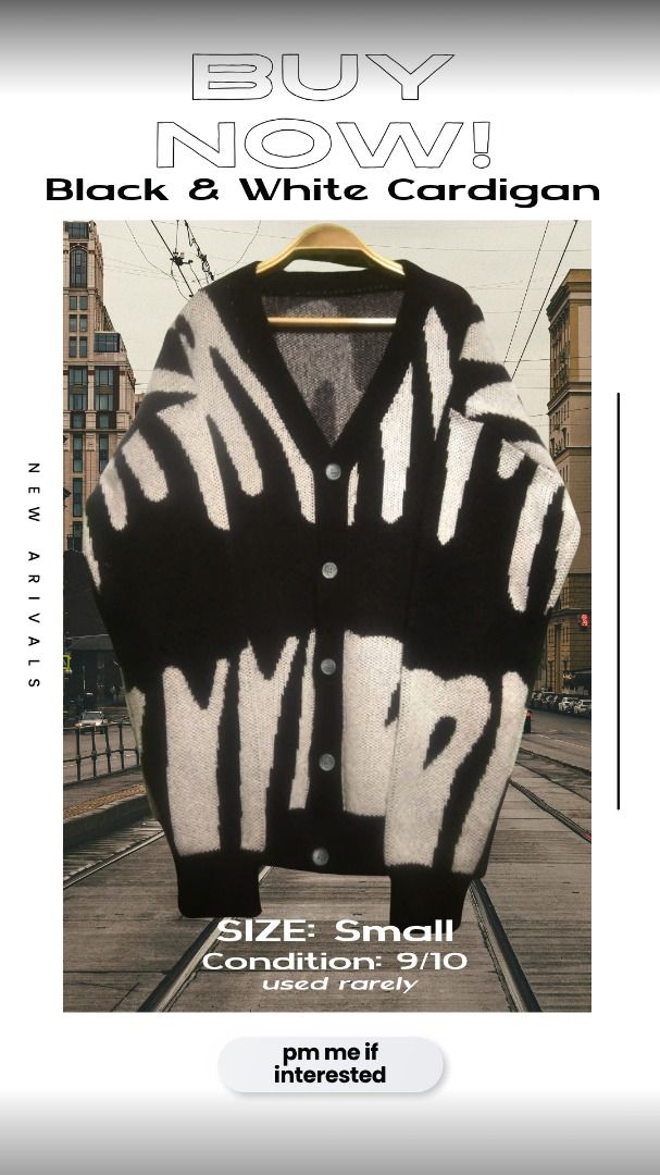 Black & White Graphic Knit Cardigan (Category: Coats, Jackets and Outerwear) located in Caloocan City. Submitted by uncluttered.ph (Listing ID 1459530404, Image 1). Description: Size: Small | Condition: 9/10 A statement piece: an oversized knit cardigan in a bold black-and-white abstract pattern. Button-front closure and a relaxed, drapey silhouette that makes it easy to throw over any outfit. Rarely worn and in near-new condition. Details: Knit 