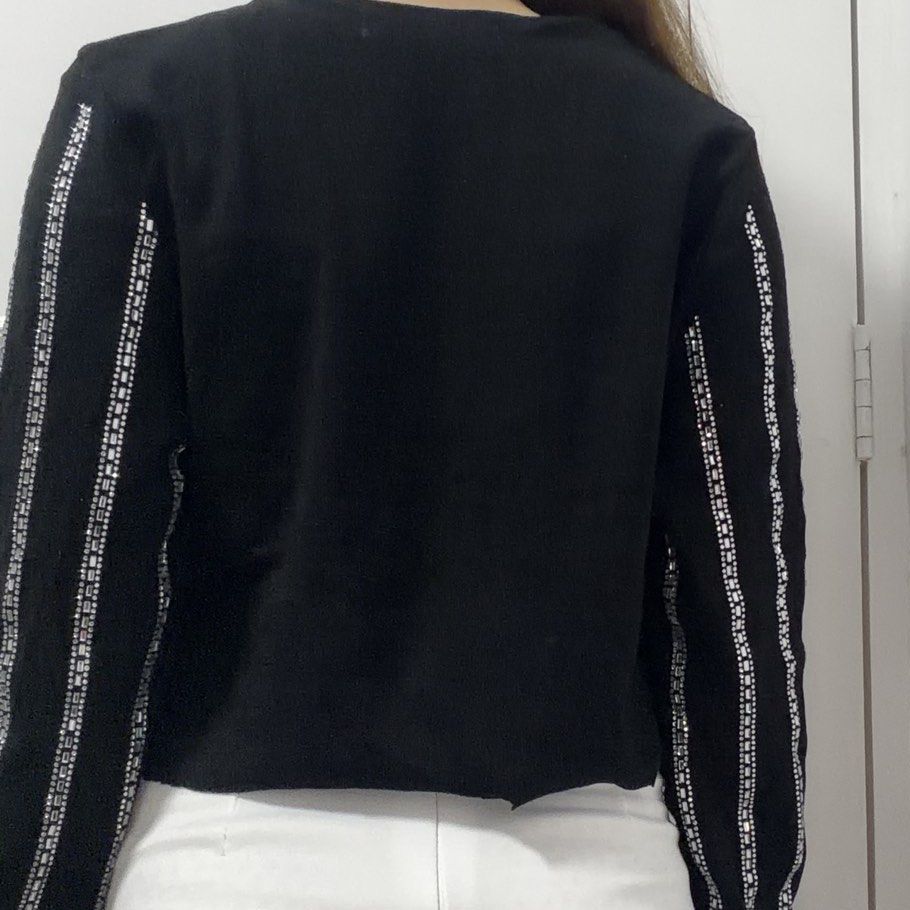Black Cardigan with Silver Beaded Stripes (Category: Coats, Jackets and Outerwear) located in Muntinlupa City. Submitted by 13gracious (Listing ID 1459658836, Image 3). Description: Fits XS to S.